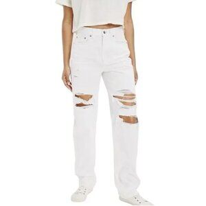 American Eagle White Baggy Straight Jeans Women's 10 Long Heavily Distressed NWT